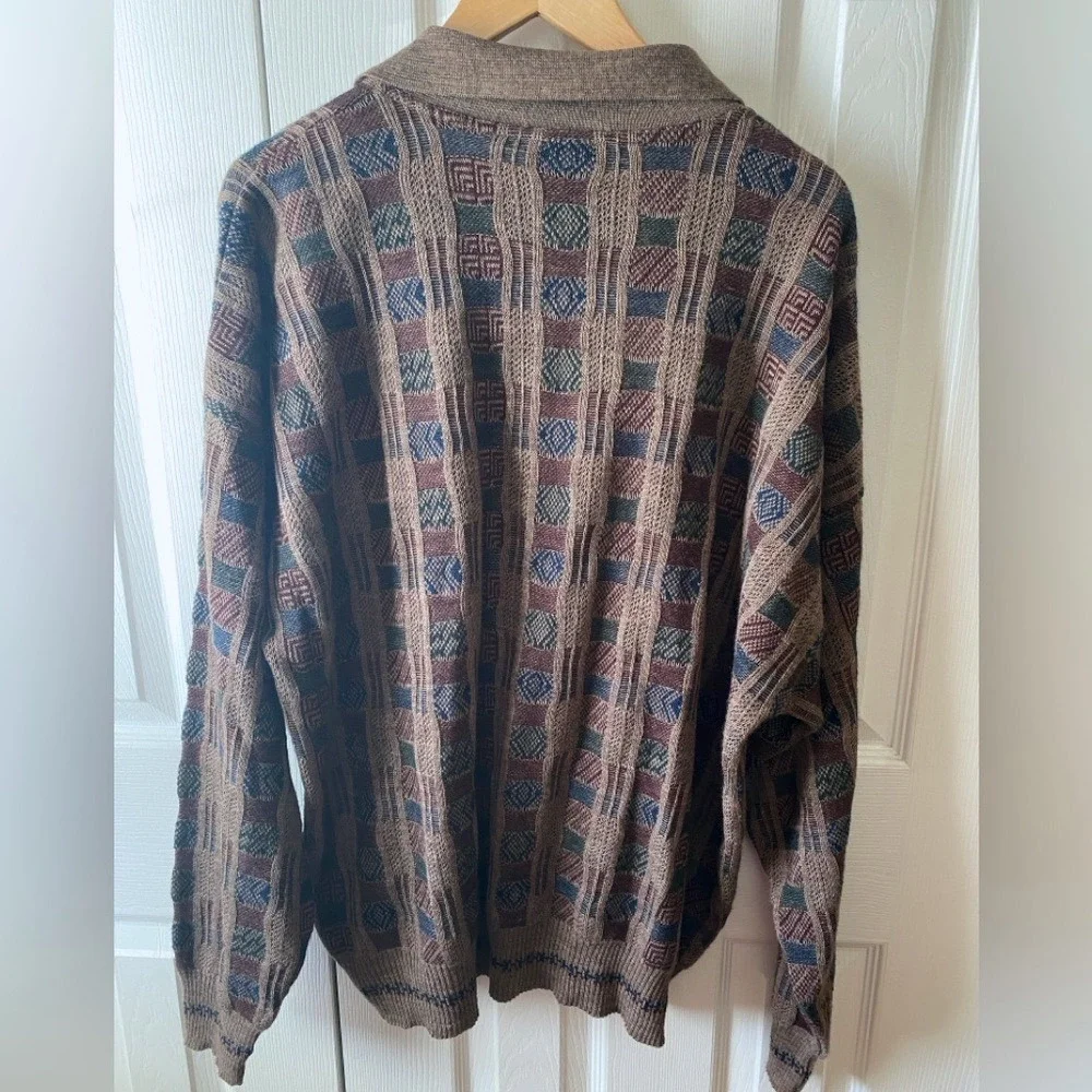 VINTAGE MURANO Brown Wool Blend 3D Knit Collared Grandpa Sweater SZ‎ XL